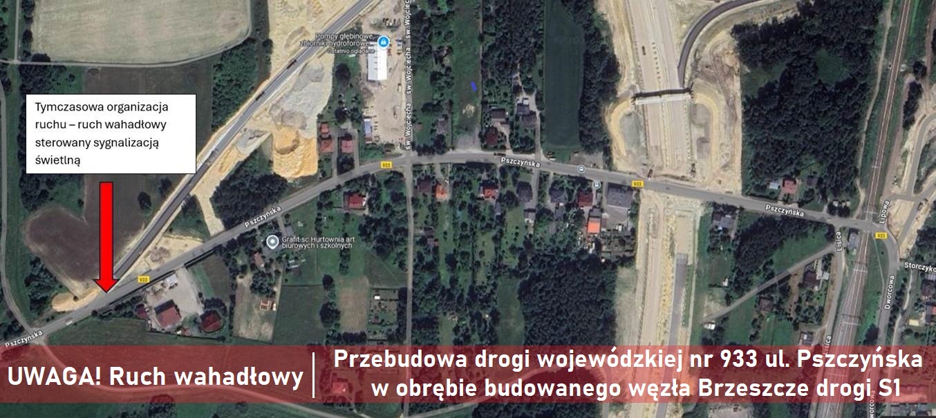 Zaznaczony na mapie fragment drogi wojewódzkiej w Brzeszczach, na której będzie obowiązywać ruch wahadłowy