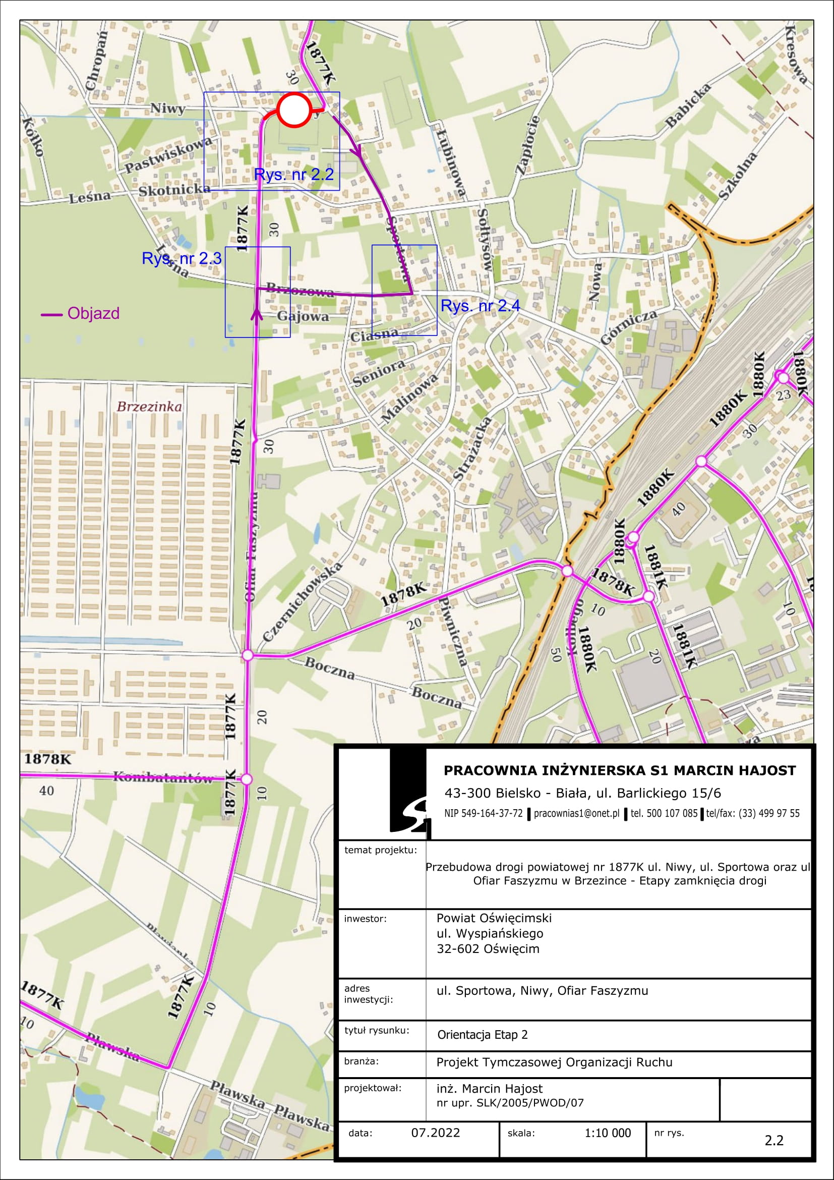 Mapka z zaznaczonymi objazdami w Brzezince.