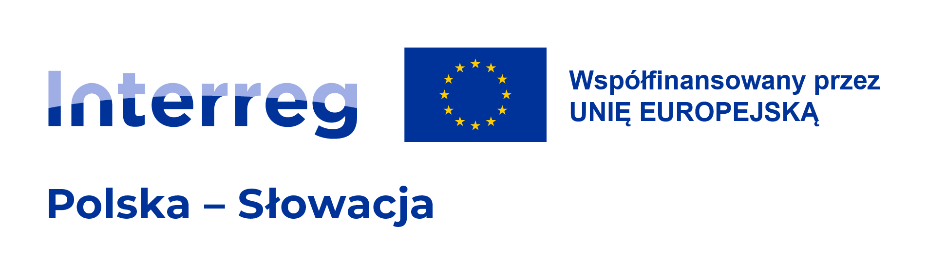 Na białym tle niebieski napis Interreg Polska - Słowacja Współfinansowany przez Unię Europejską i flaga Unii Europejskiej