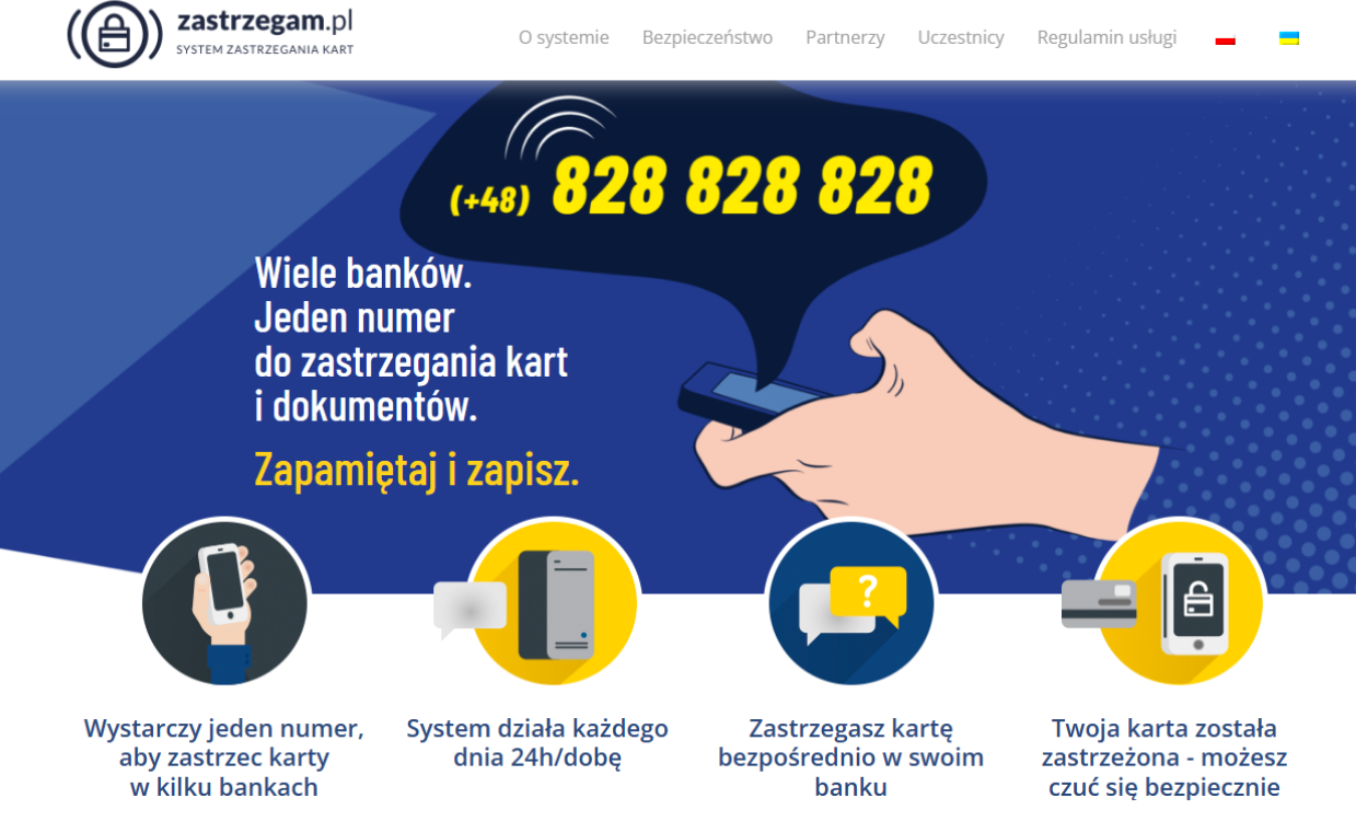 Grafika prezentująca numer 828 828 828, dzięki któremu można zastrzec w bankach utratę karty i innych dokumentów tożsamości.