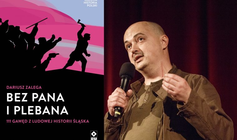 Grafika po lewej stronie plakat przedstawiający spotkanie pod tytułem Bez Pana i Plebana. 111 gawęd z historii ludowej śląska. Po prawej stronie osoba mówiąca do mikrofonu.
