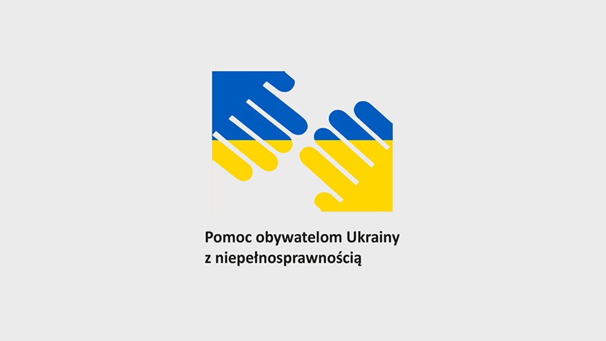 Dwie niebiesko żółte dłonie i napis: pomoc obywatelom Ukrainy z niepełnosprawnością.
