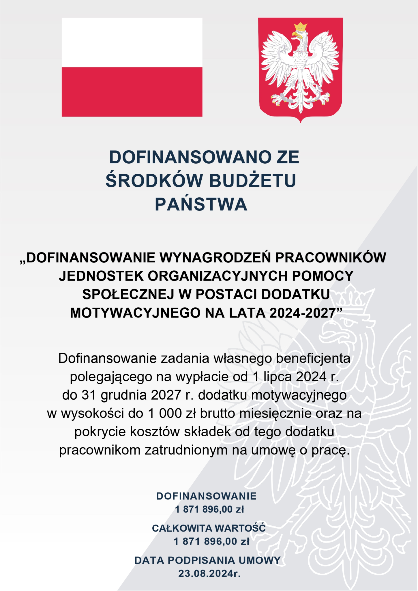 Informacja o przyznaniu dodatku motywacyjnego dla pracowników pomocy społecznej opatrzona godłem i flagą Rzeczypospolitej