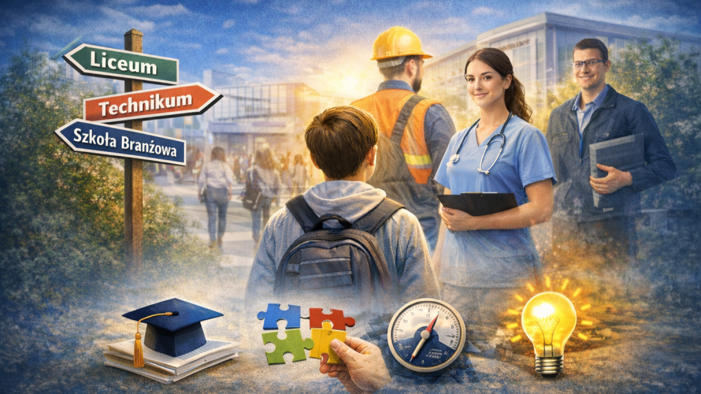 Grafika przedstawiająca ucznia spoglądającego na kilkoro dorosłych w określonych zawodach