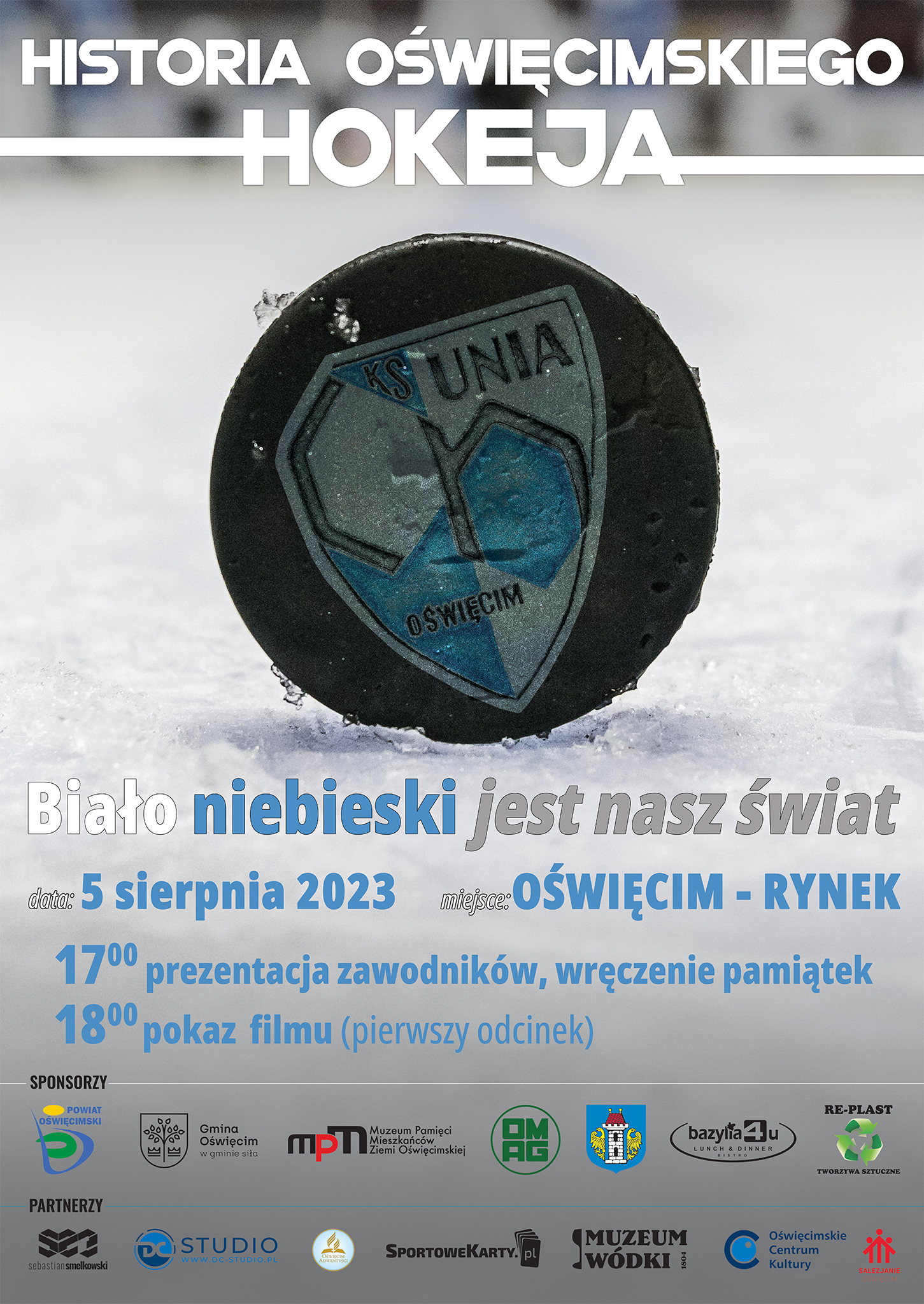 Plakat, na który na pierwszym planie widać krążek ze starym herbem Unii Oświęcim