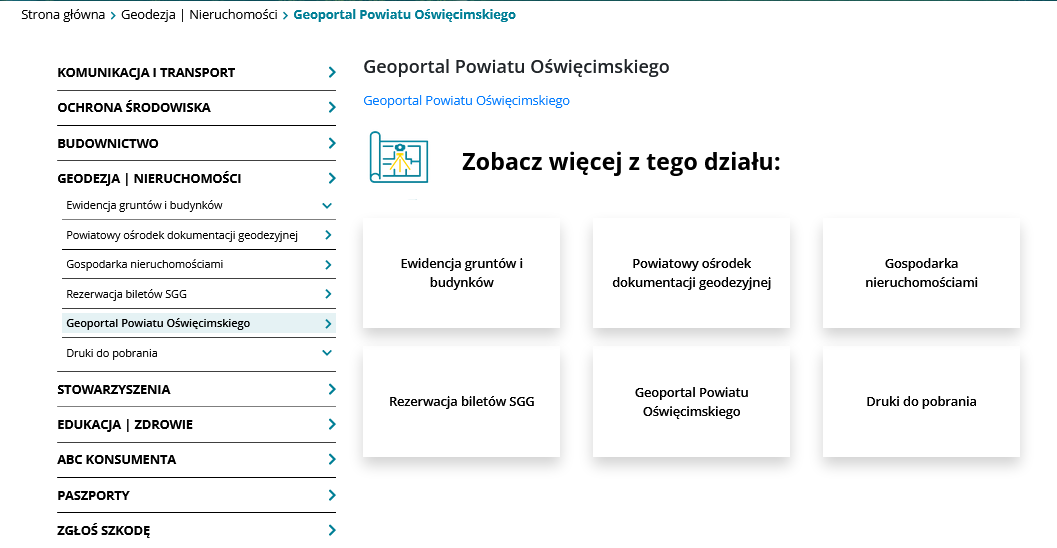Zrzut ekranu Geoportalu Powiatu Oświęcimskiego z e-usługami dla zainteresowanych osób.