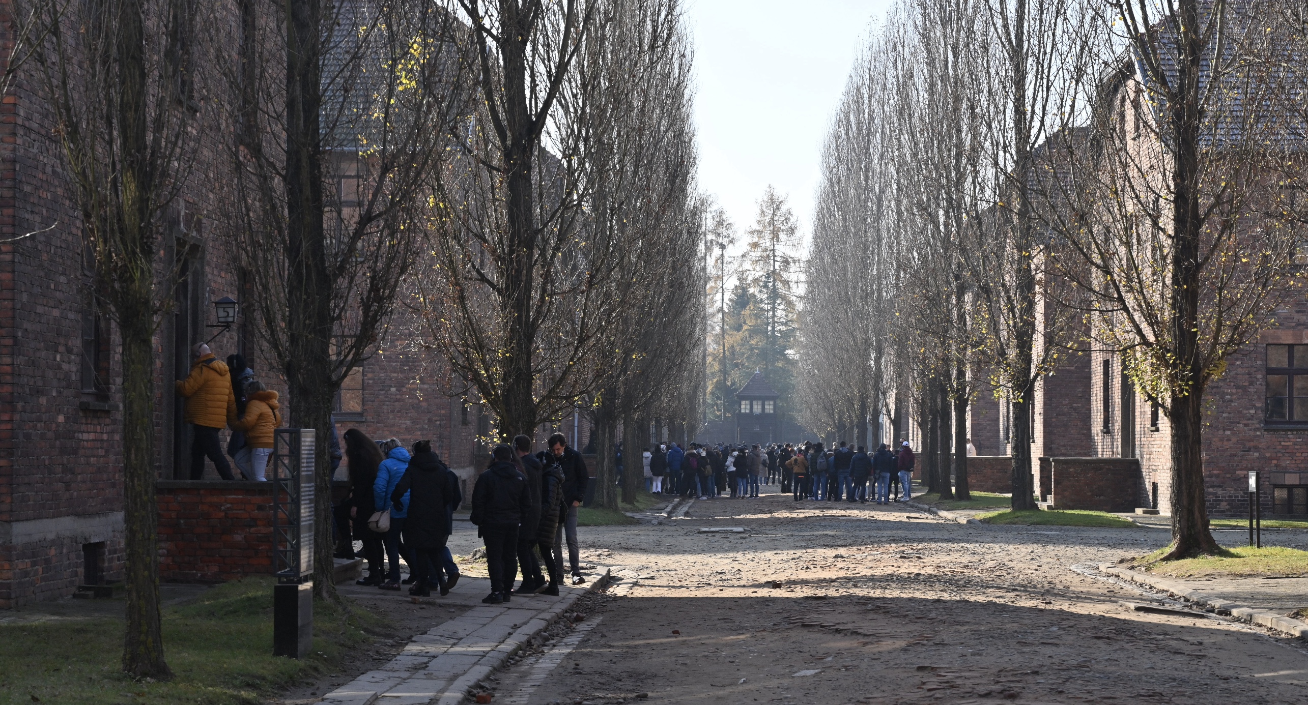 Na zdjęciu fragment zabudowy bylego obozu macierzystego Auschwitz. Na obrazku widac licznych turystów zmierzających obozowymi ulicami i wchodzącymi do dawnych obozowych bloków.