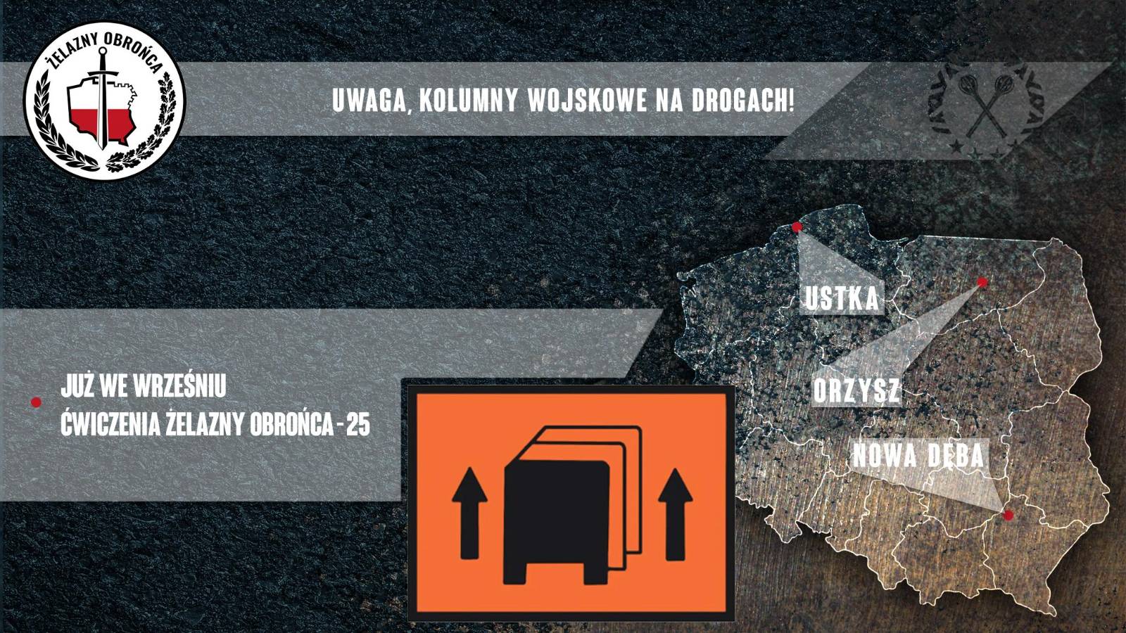 Grafika z informacją o wzmożonym ruchu kolumn wojskowych na drogach w całej Polsce