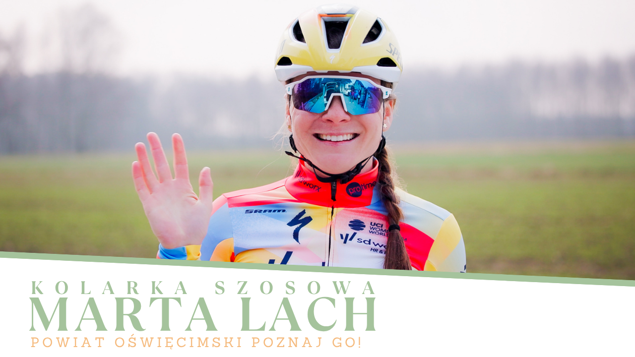 Grafika z uśmiechniętą kolarką Martą Lach