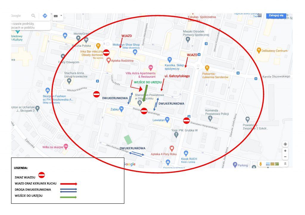 Mapa z zaznaczonym wejściem do starostwa od strony parkingu