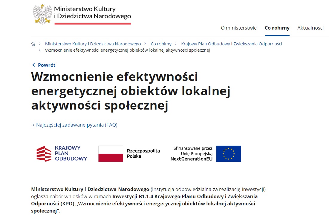 Zrzut ekranu z informacją ministerstwa o naborze do programu termomodernizacji budynków instytucji kultury