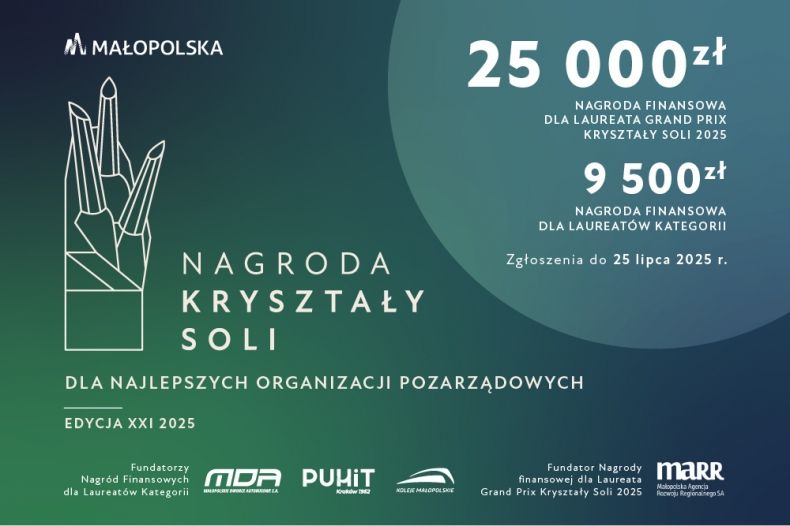 Grafika informująca o terminie zgłoszeń, kategoriach i wysokości nagród w ramach konkursu Kryształy Soli