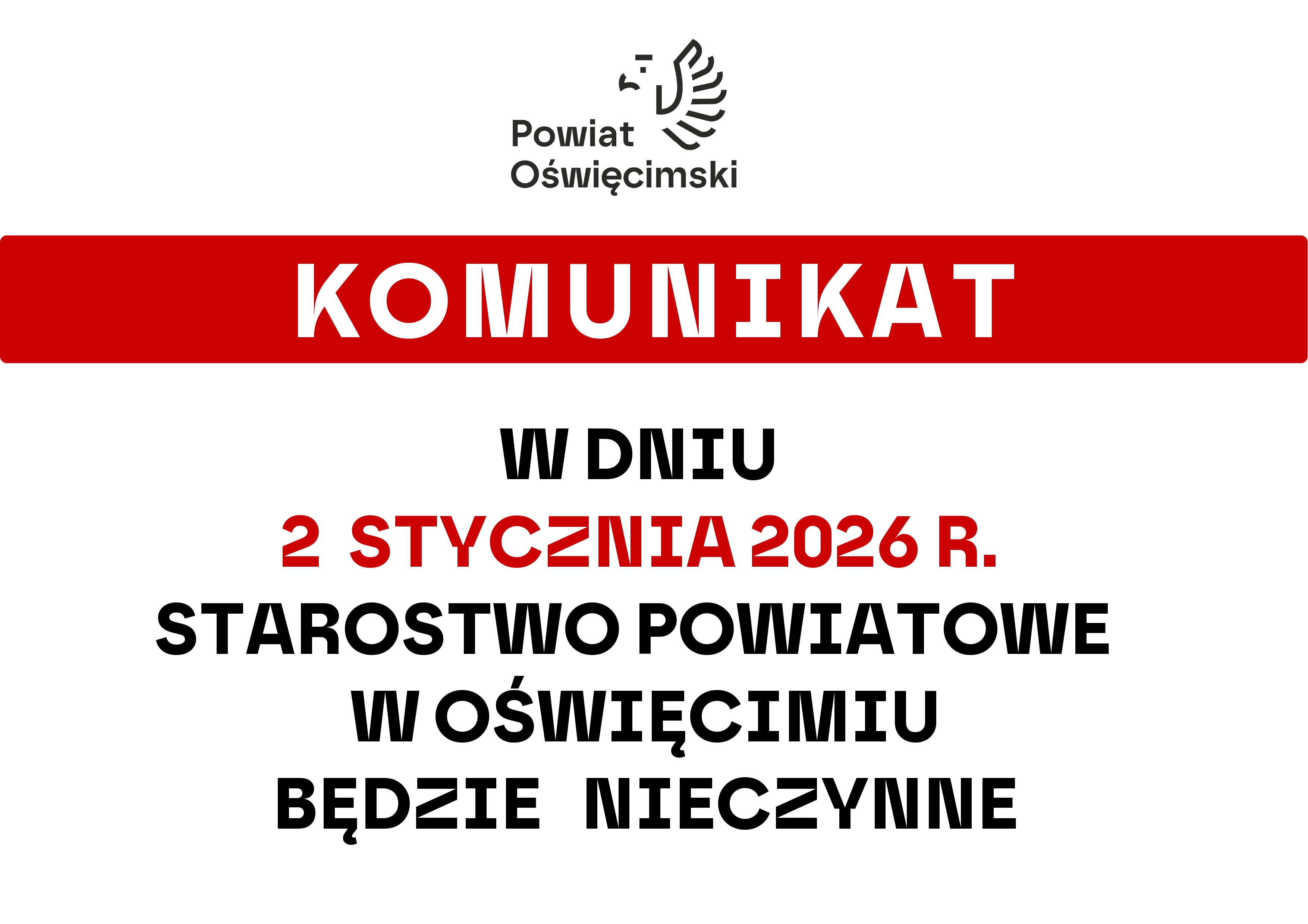 Informacja o nieczynnym Starostwie w dniu 2 stycznia 2026 roku