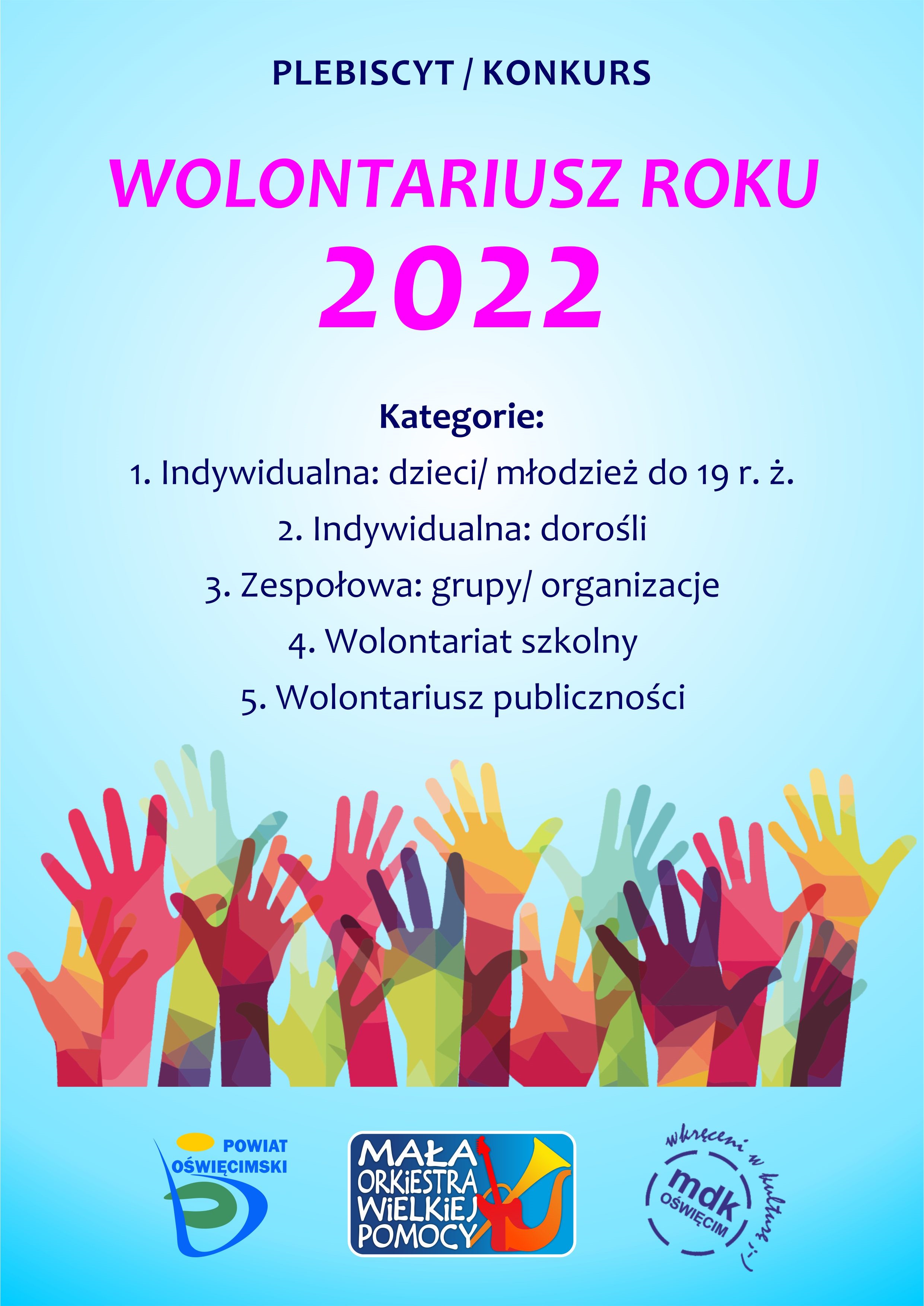 Na grafice informacja o kategoriach konkursu na Wolonatriusza Roku 2022 oraz logotypy organizatorów, współorganizatorów i partnerów konkursu.