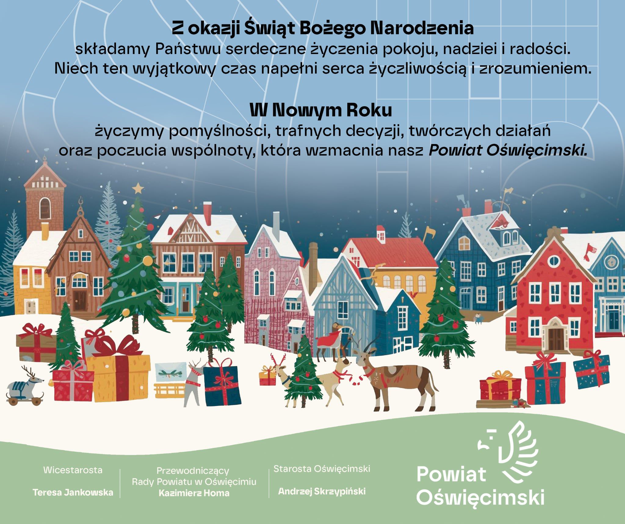 Kolorowa grafika prezentująca bajkowe domki i zwierzęta w formie życzeń od samorządowców Powiatu Oświęcimskiego