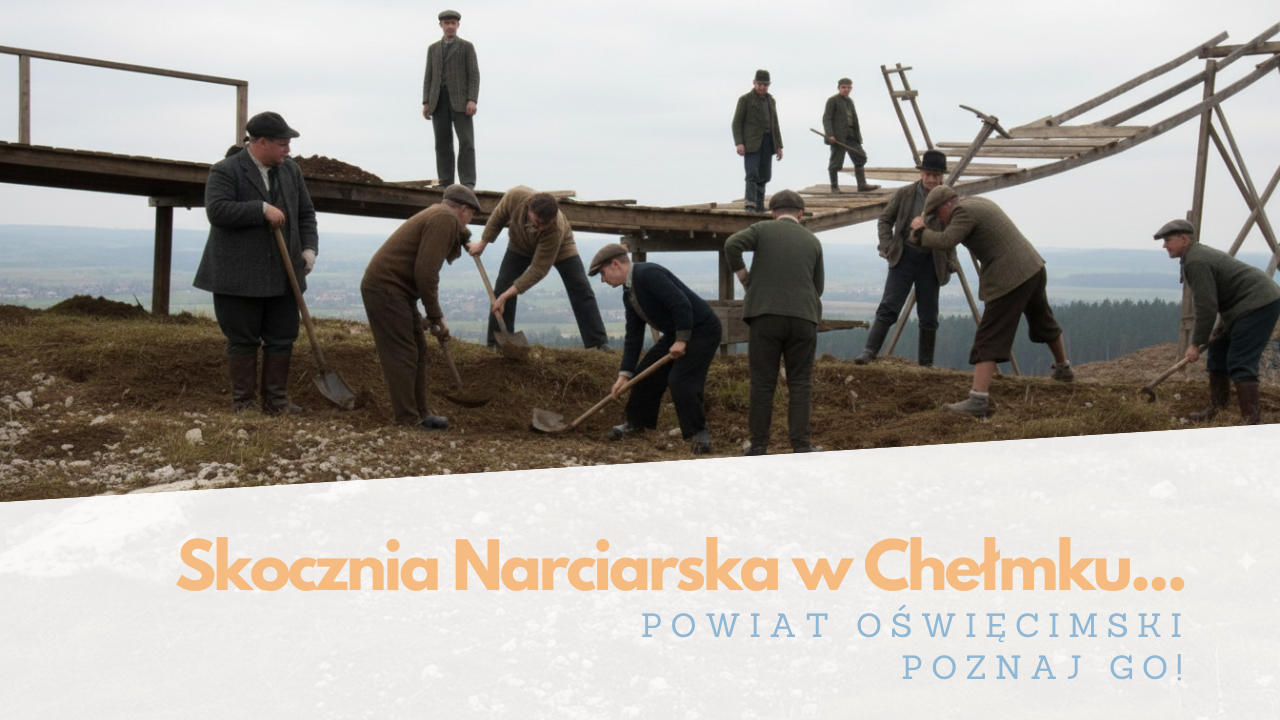 Grafika z archiwalnym zdjęciem z budowy skoczni