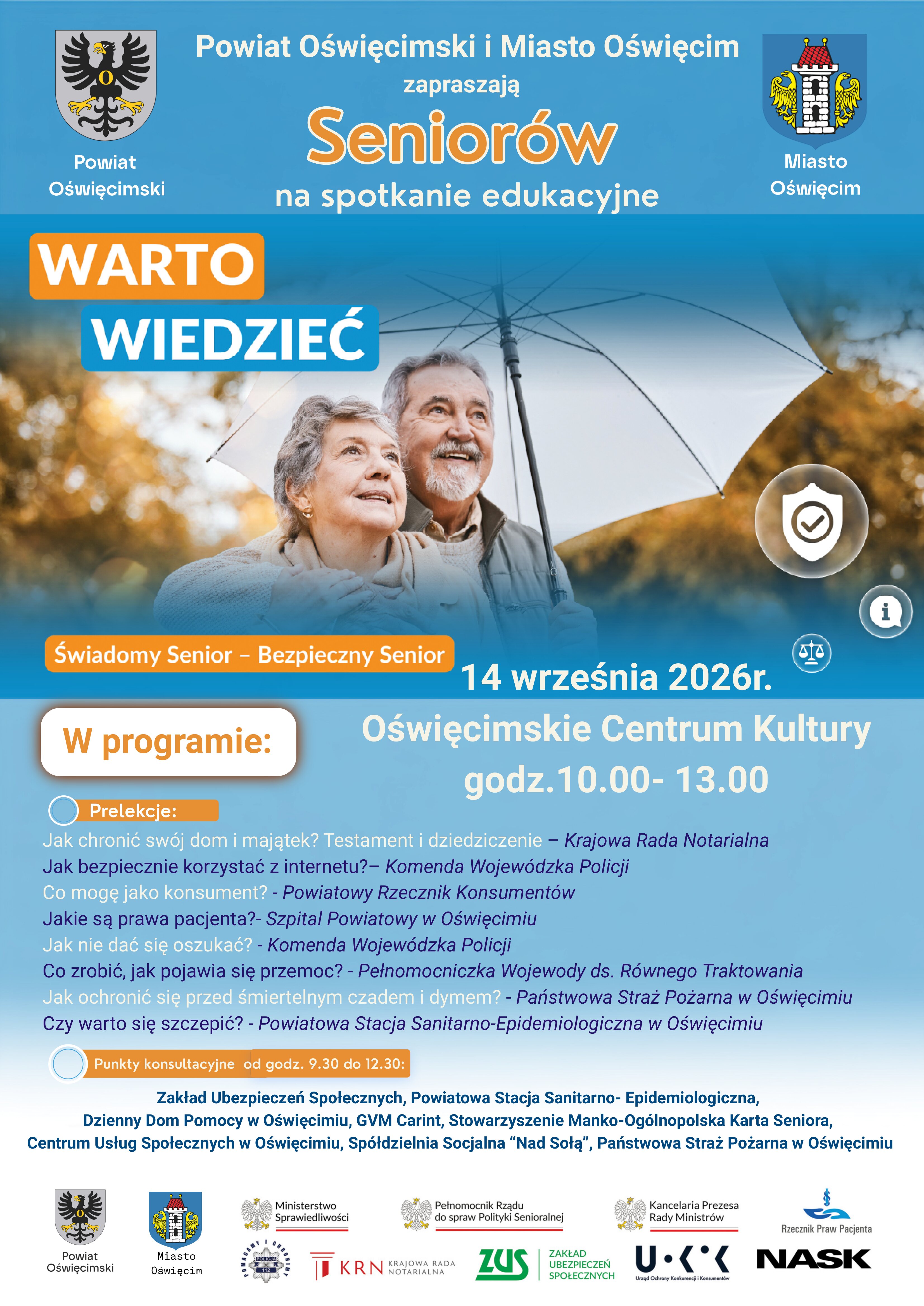 Grafika z tekstem zapraszającym do uczestnictwa w spotkaniu adresowanym do seniorów