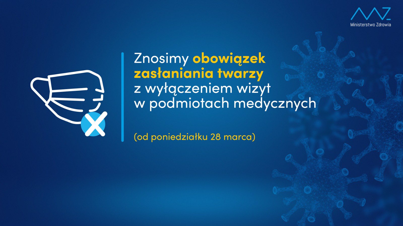 Na niebieskim tle z maseczką napis: znosimy obowiązek zasłaniania twarzy z wyłączeniem wizyt w podmiotach medycznych.