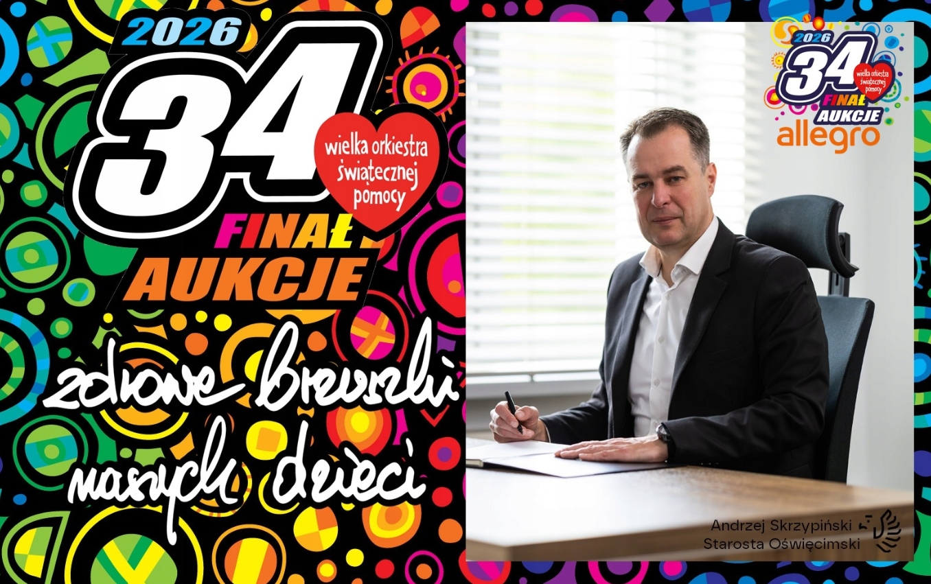 Grafika z logo WOŚP i zdjęciem starosty oświęcimskiego