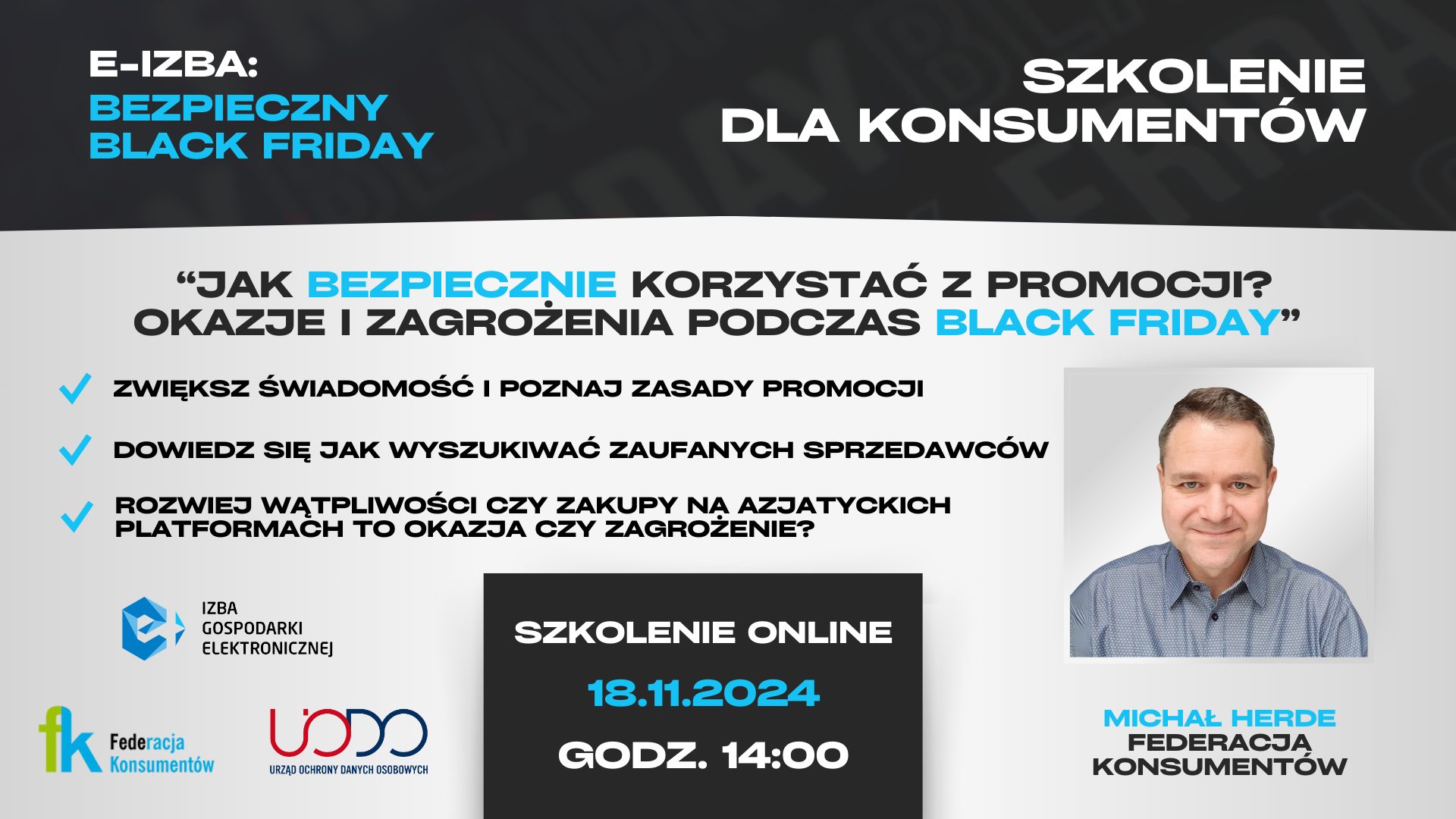 Grafika z treścią szkolenia i zdjęciem prowadzącego