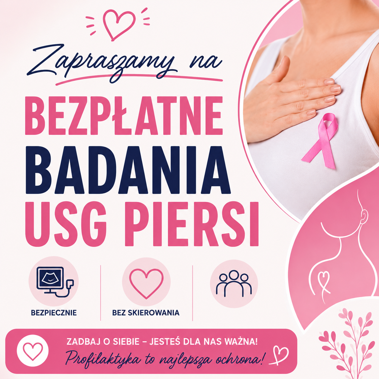 Grafika zachęcająca do skorzystania z bezpłatnych badań usg piersi