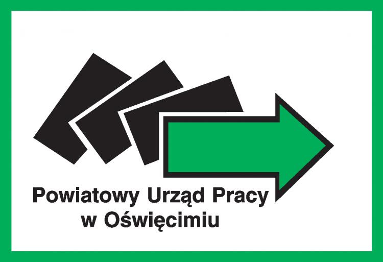 Na białym tle czarne prostokąty i zielona strzałka. a pod nią napis Powiatowy Urząd Pracy w Oświęcimiu