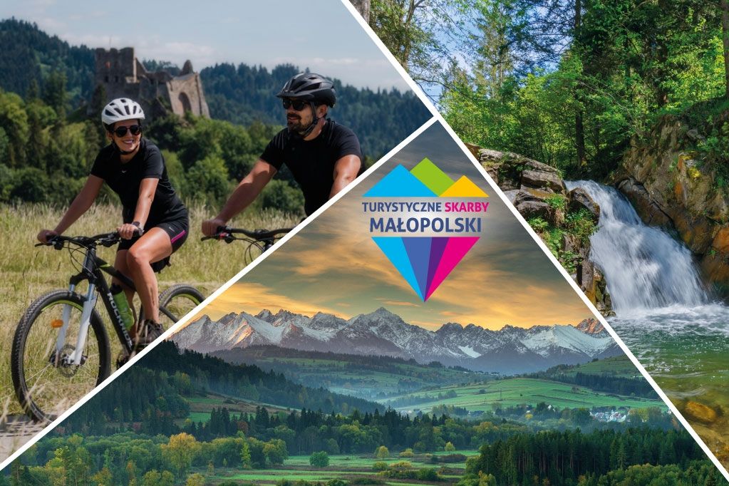 Plakat prezentujący atuty Małopolski, Tatry i wodospad oraz dwoje rowerzystów w terenie