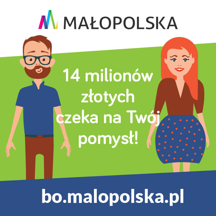 Grafika prezentująca na biało-zielono-granatowym tle dwoje osób i napis Malopolska 14 milionów złotych czeka na Twój pomysł. Na dole link bo.malopolska.pl