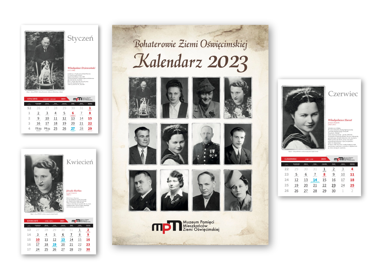 Zdjęcie prezentujące archiwalne fotografie bohaterów kalendarza na 2023 rok wydanego przez Muzeum Pamięci.