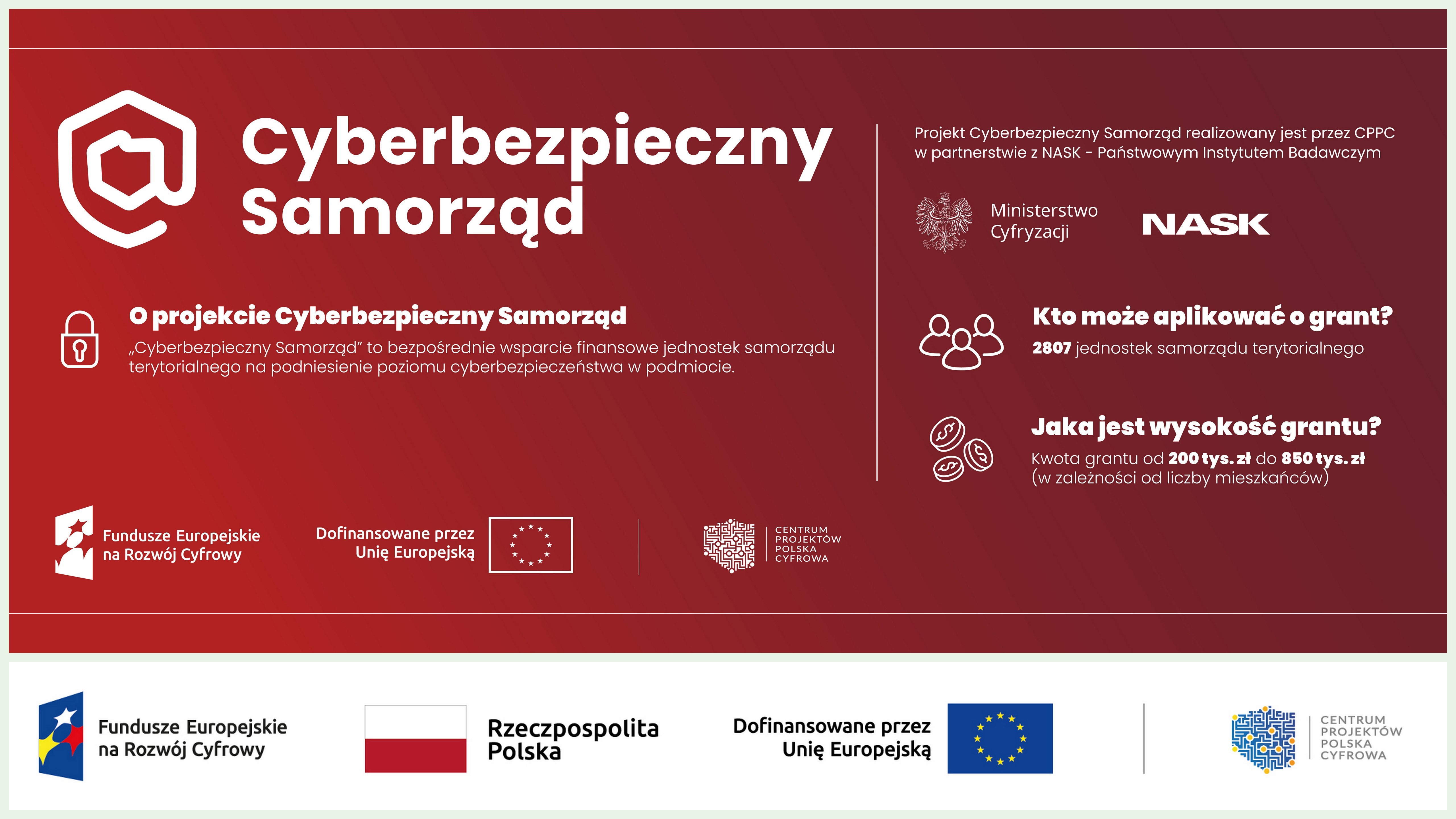 Na czerwonym tle jasny napis Cyberbezpieczny Samorząd i informacje o tym projekcie