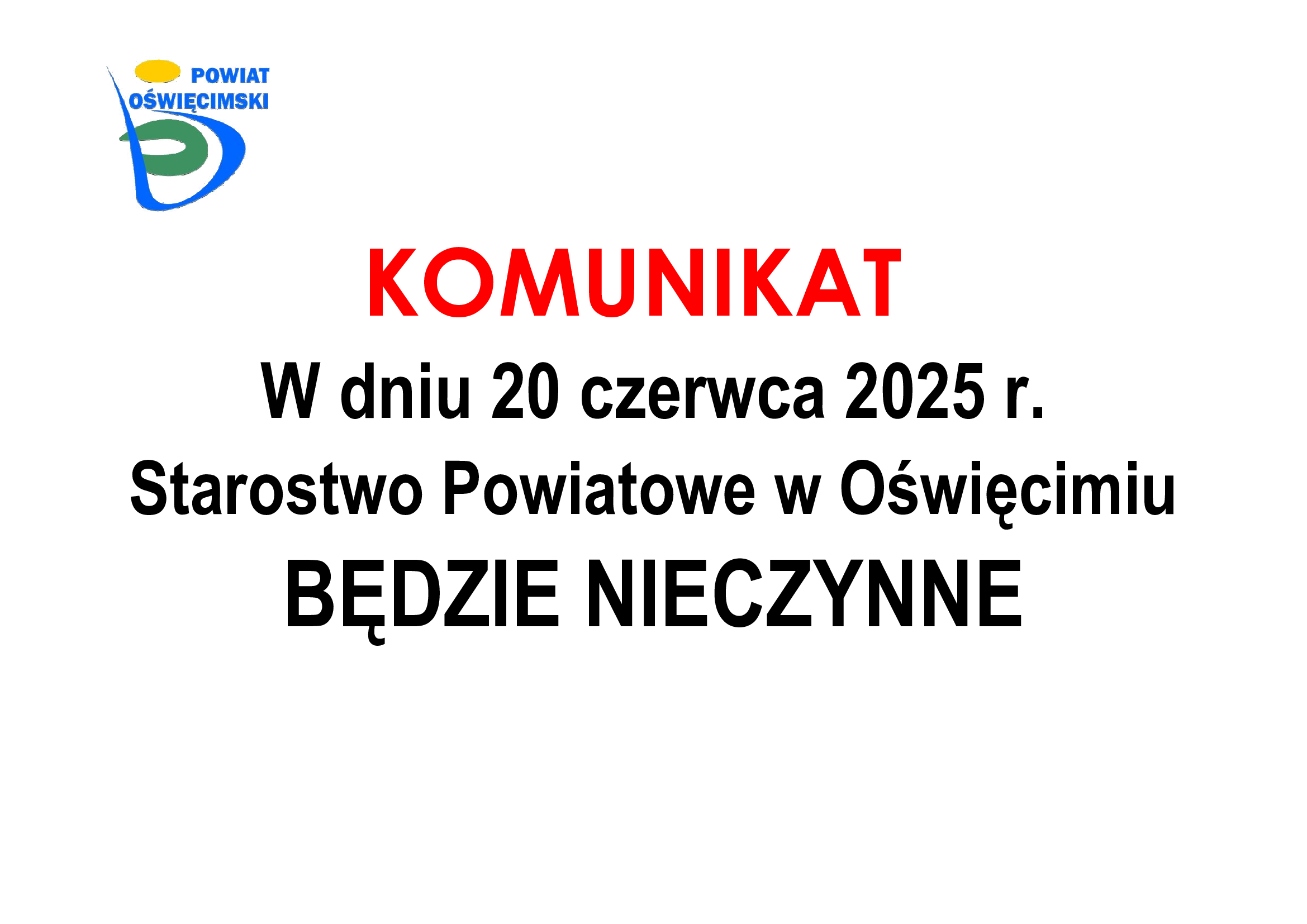 Grafika z informacją, że starostwo będzie nieczynne 20 czerwca 2025 roku