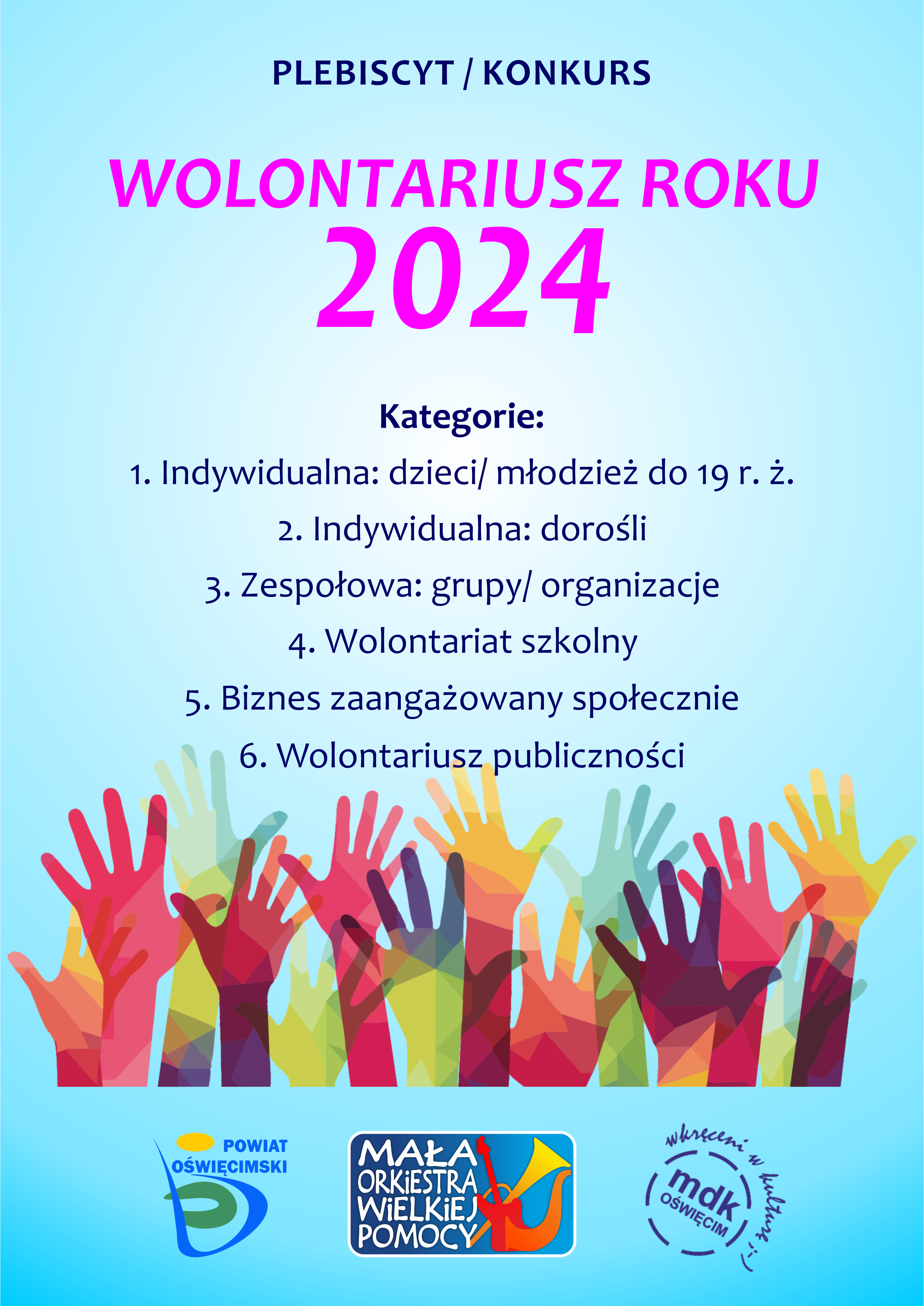 Plakat z logotypami oraz wymienionymi 6 kategoriami w konkursie Wolontariusz roku 2024