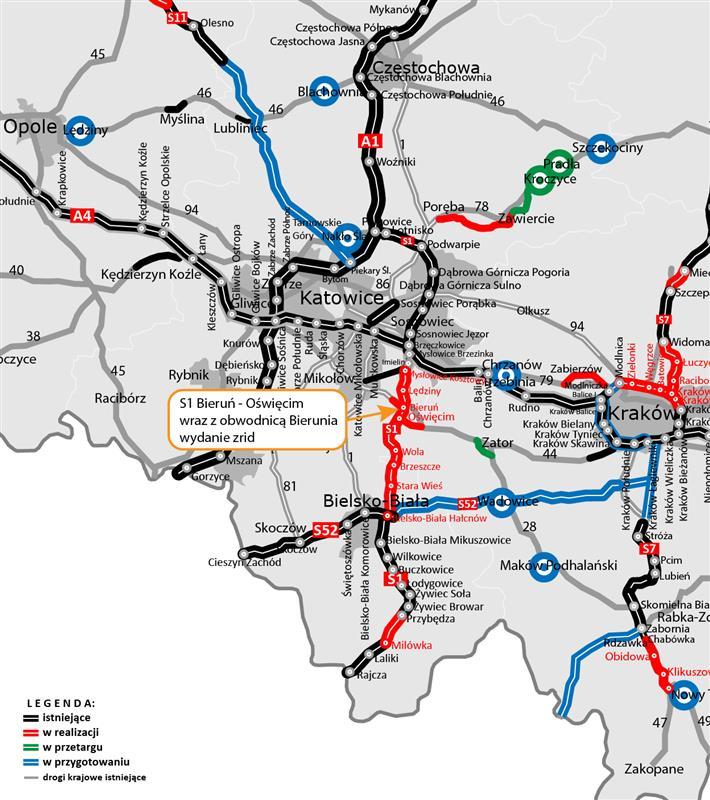 Mapka prezentująca stopień zaawansowania prac na przyszłej drodze ekspresowej między Bielskiem a Mysłowicami