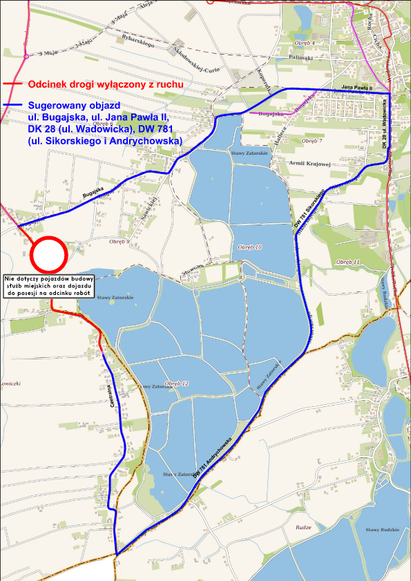 Mapka rejonu modernizowanej ulicy Centralnej w Łowiczach w gminie Zator z zaznaczonymi objazdami
