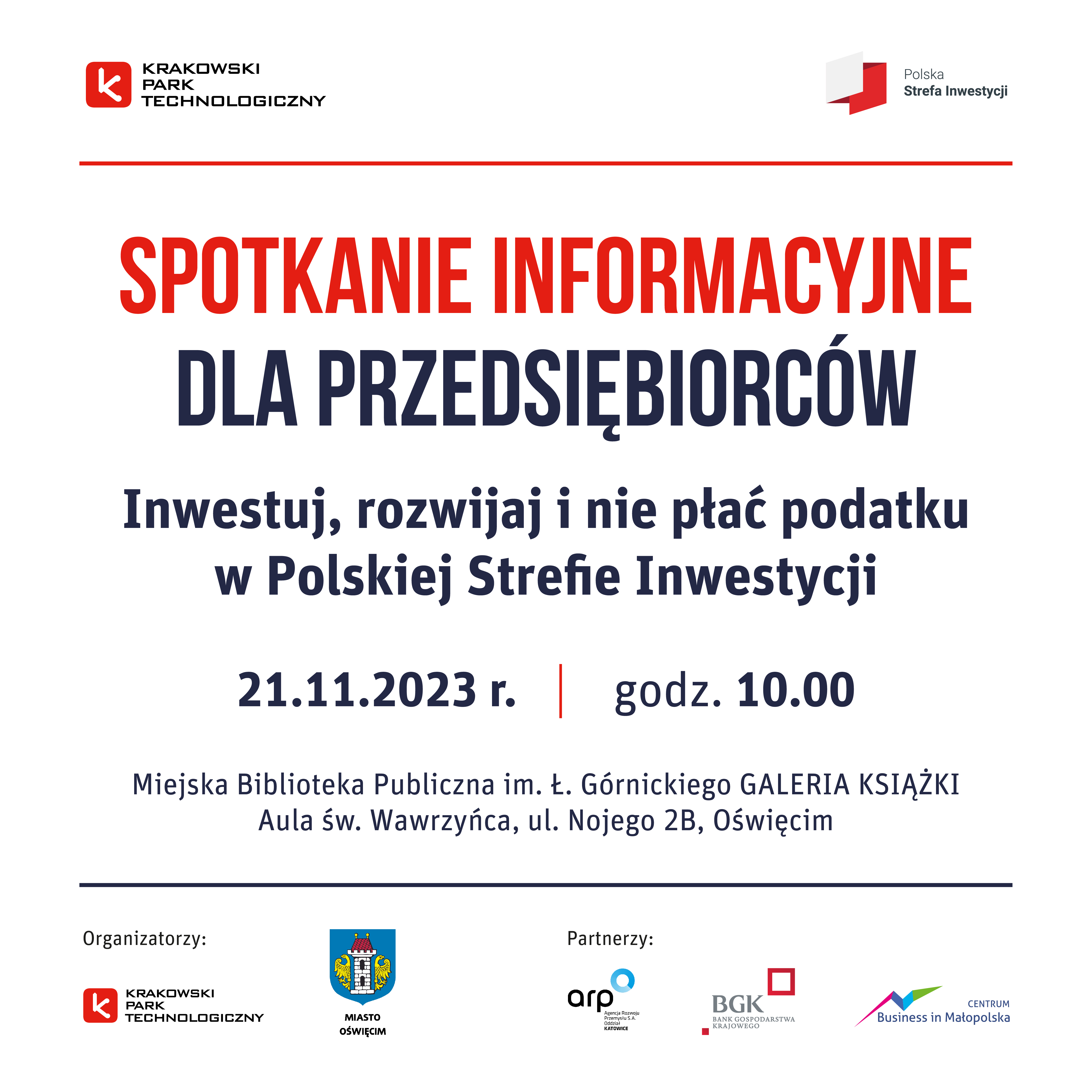 Plakat z informacją na temat spotkania dla przedsiębiorców w Miejskiej Bibliotece Publicznej w Oświęcimiu