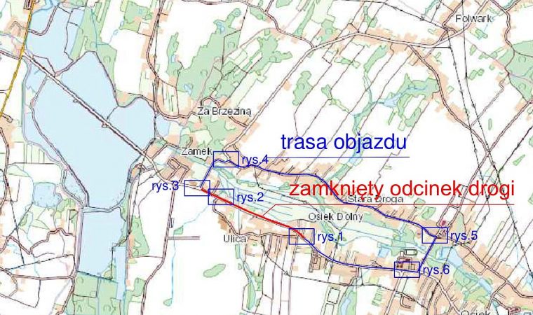 Mapa zamkniętej trasy przez utrudnienia na ulicy głównej w Osieku