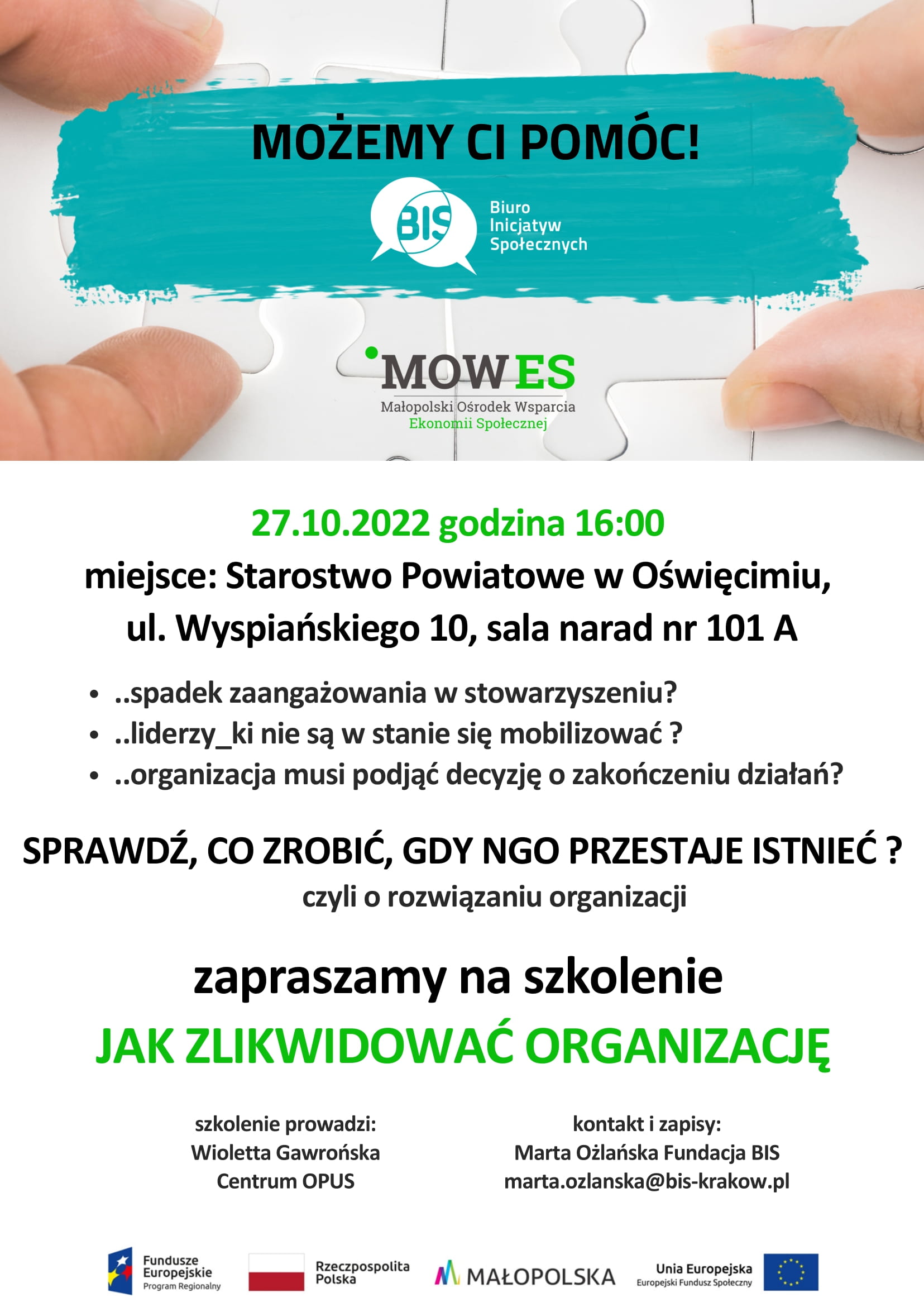 Plakat informacyjny dotyczący szkolenia na temat  likwidacji organizacji, plakat zawiera datę 27 października, godzinę 16:00 i miejsce: Starostwo Powiatowe w Oświęcimiu