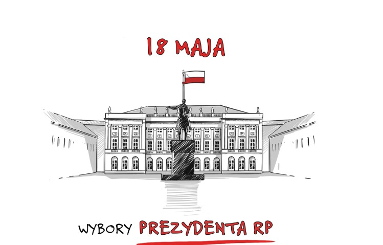 Grafika informująca o wyborach prezydenckich. Na grafice widoczny Płac Prezydencki.
