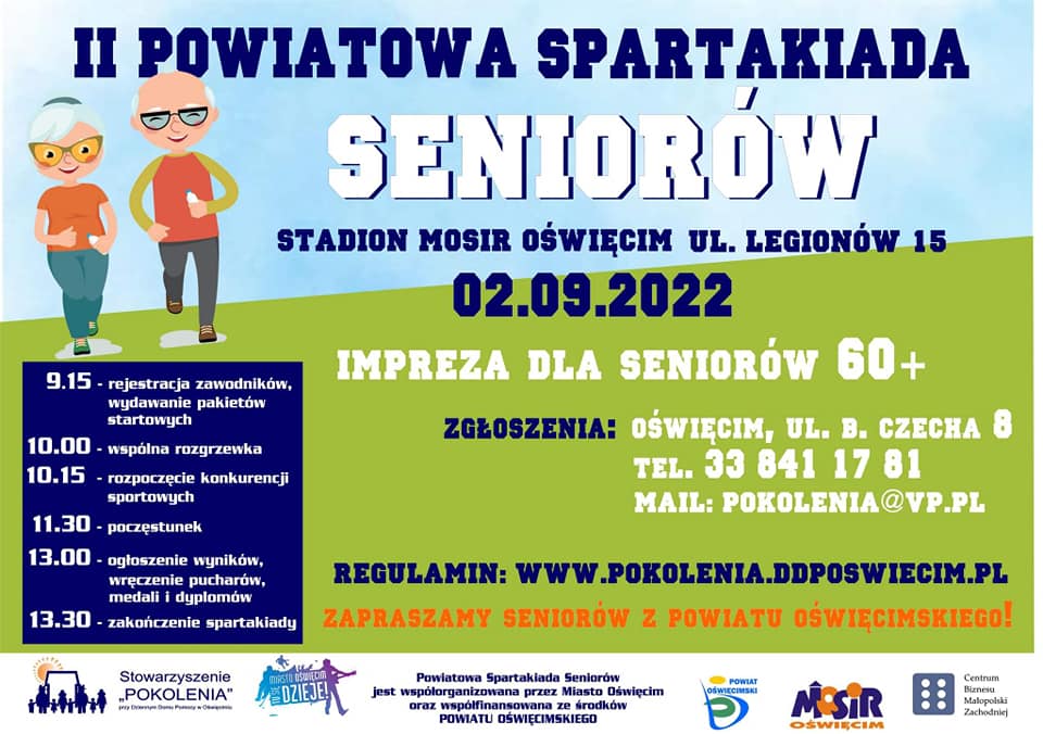 Plakat zachęcający osoby 60 plus z terenu powiatu do uczestnictwa w drugiej edycji Powiatowej Spartakiady Seniorów na stadionie MOSiR w Oświęcimiu. Na plakacie także informacje, gdzie seniorzy mogą się zapisywać.