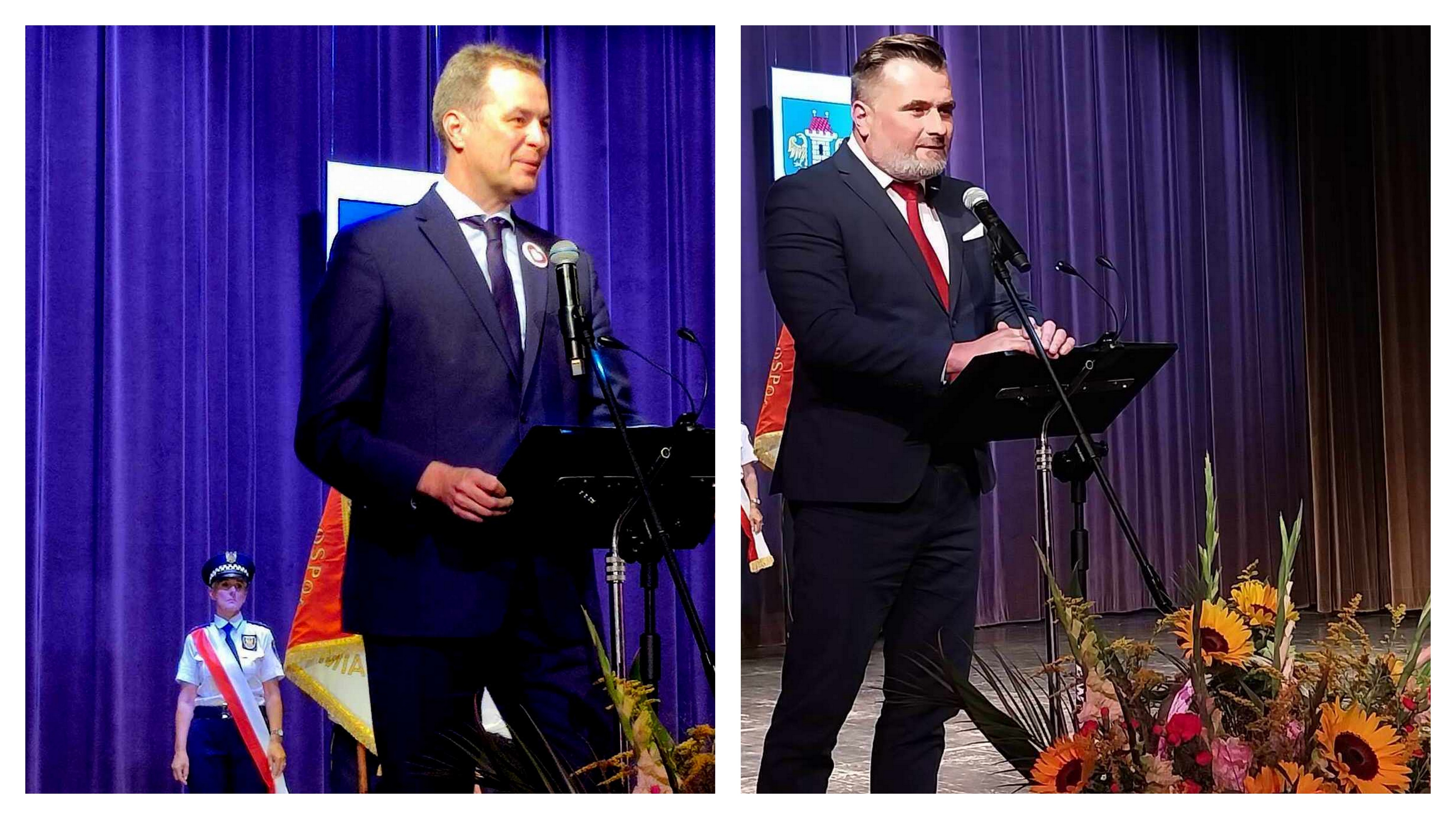 Na kolażu złożom z dwóch zdjęć widać przemawiających na uroczystej sesji rady miasta starotę i wicestarostę
