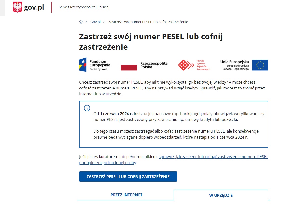Skan strony ministerstwa cyfryzacji, na której można zastrzec numer PESEL