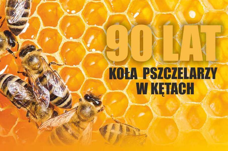 Na grafice kilka pracujących pszczół i napis 90 lat Koła Pszczelarzy w Kętach