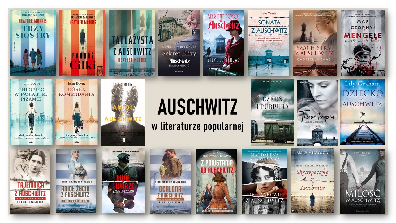Grafika prezentująca okładki książek nawiązujących do historii Auschwitz