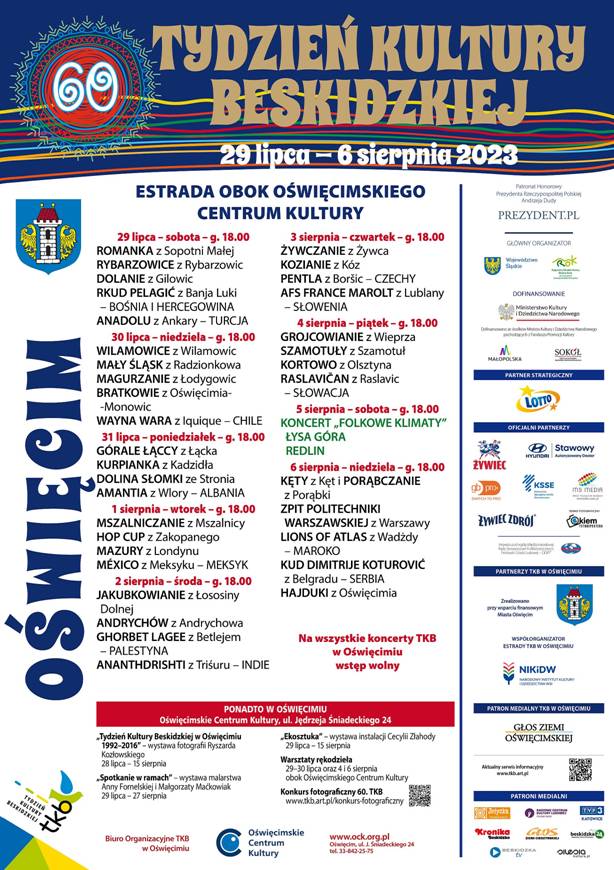 Plakat ze szczegółowym harmonogramem występów zespołów na scenie TKB w Oświęcimiu