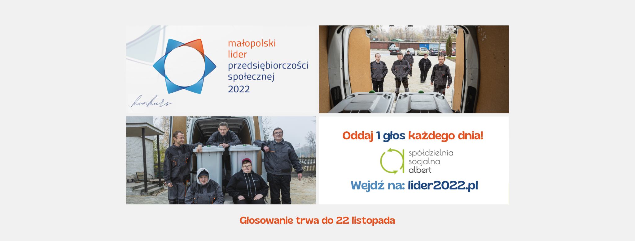 Grafika z informacją zachęcają do głosowania na spółdzielnię socjalną z Chełmka oraz zdjęciem, na który widać pracowników spółdzielni.