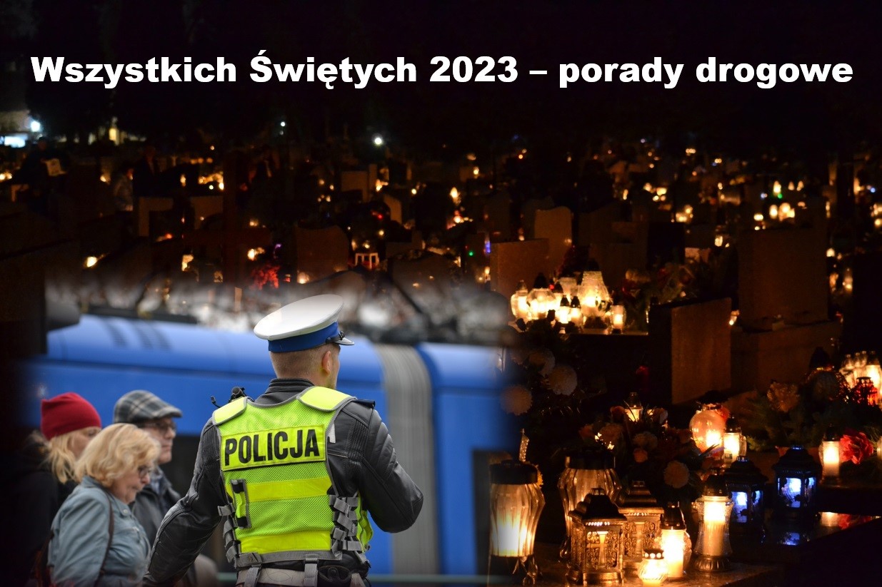 Grafika prezentująca cmentarz, policjanta i grupę mieszkańców