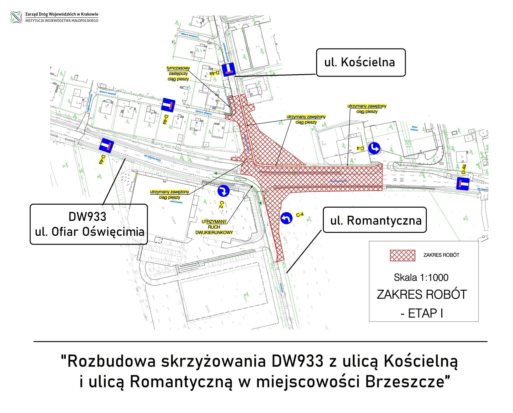 Mapka z zaznaczonym obszarem inwestycji i objazdami