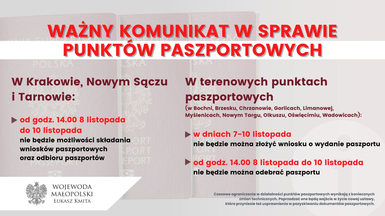 Grafika z napisem: Ważny komunikat w sprawie punktów paszportowych. Na grafice zawarto informację o czasowym wstrzymaniu przyjmowania wniosków o paszport ora możliwości ich odbioru.