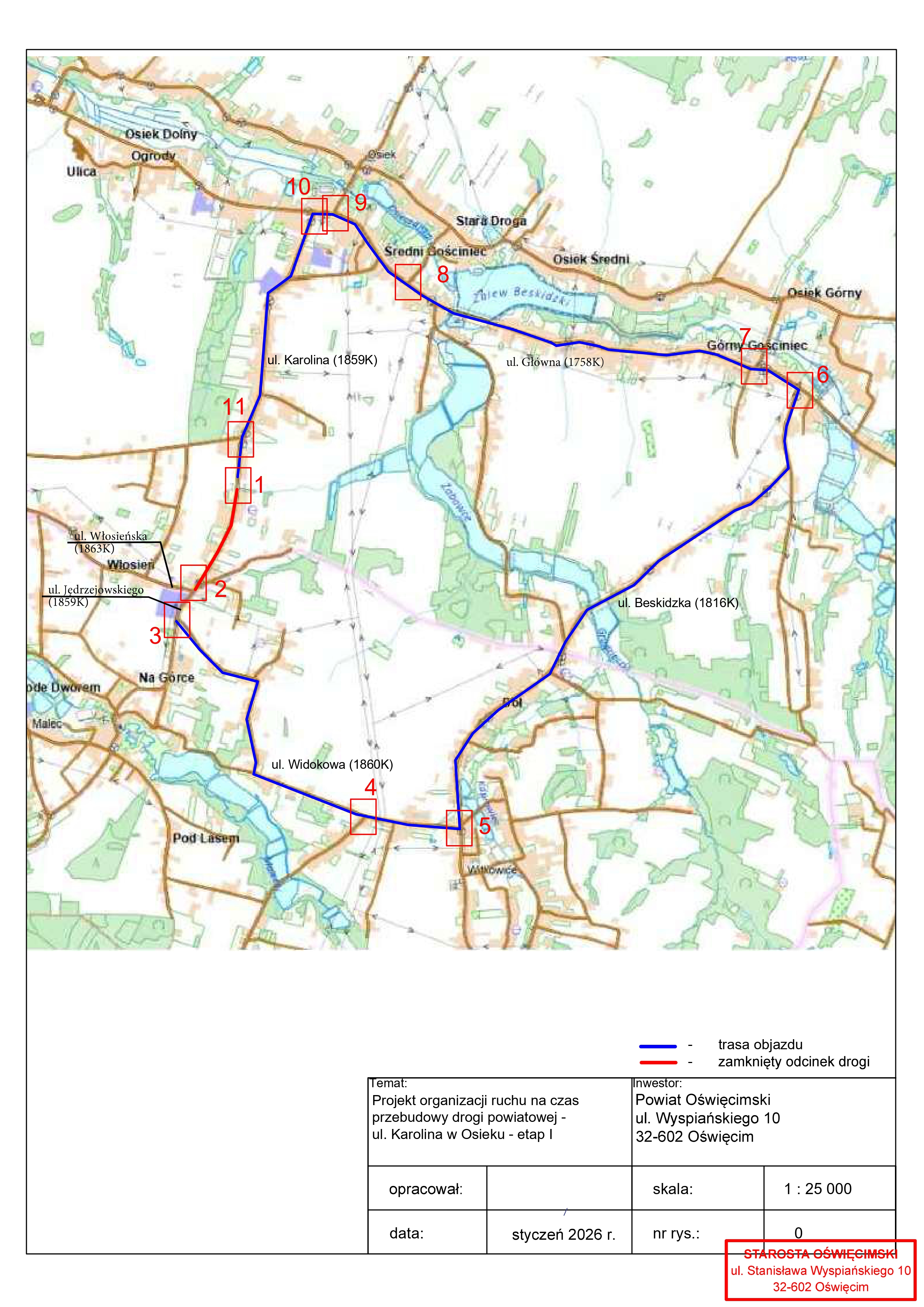 Poglądowa mapka z zaznaczonymi objazdami