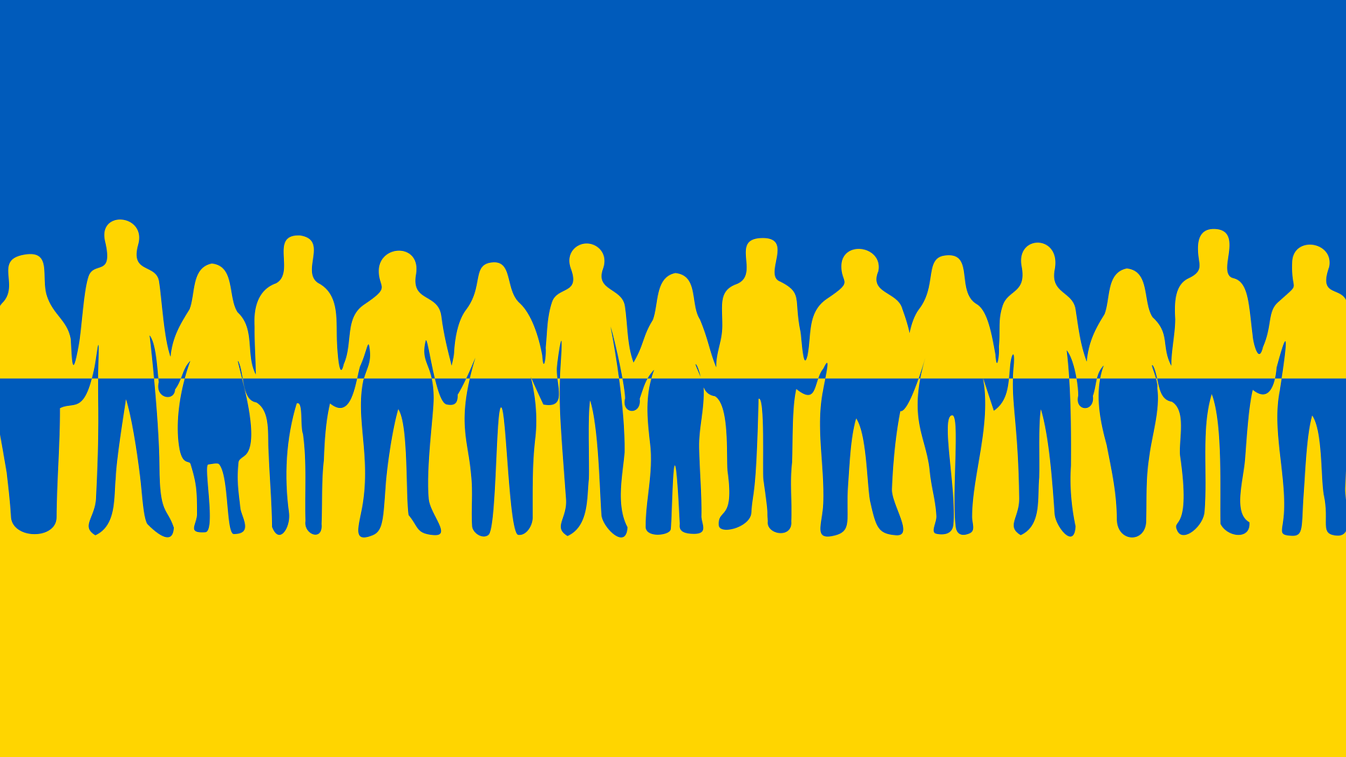 Na niebiesko-żółtej fladze ukriańskiej grupa ludzi trzymających się za ręce.